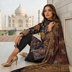 3 Pcs Women's Black Printed Lawn Suit with Embroidery & Cut Work Dupatta