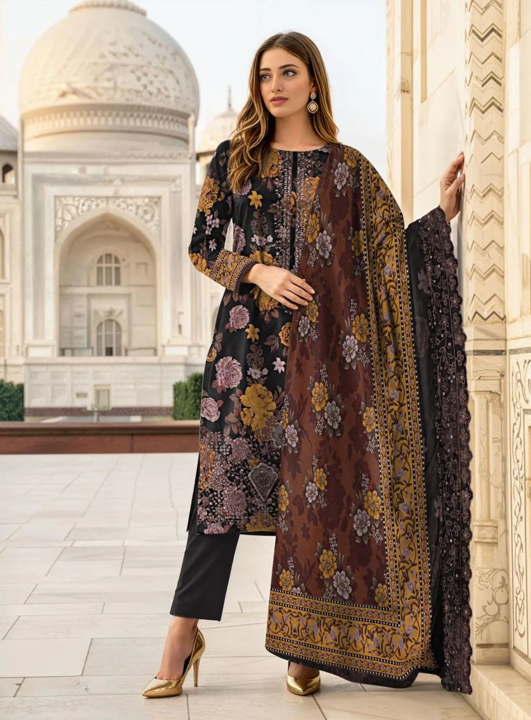 3 Pcs Women's Black Printed Lawn Suit with Embroidery & Cut Work Dupatta