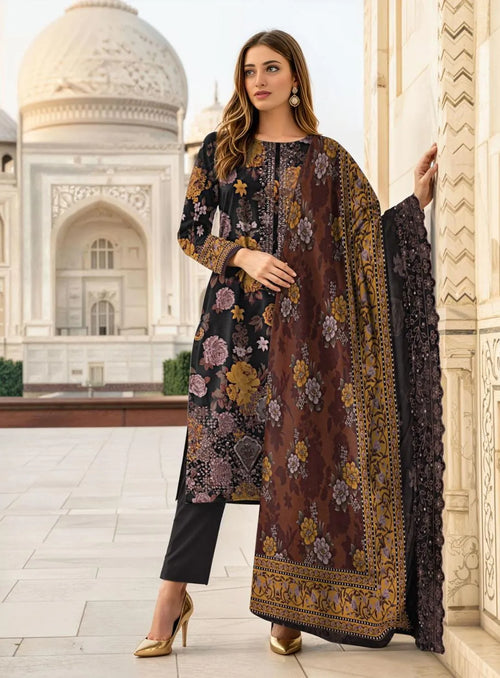 3 Pcs Women's Black Printed Lawn Suit with Embroidery & Cut Work Dupatta