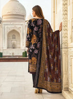 3 Pcs Women's Black Printed Lawn Suit with Embroidery & Cut Work Dupatta