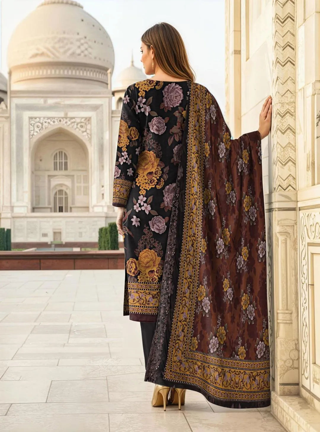 3 Pcs Women's Black Printed Lawn Suit with Embroidery & Cut Work Dupatta
