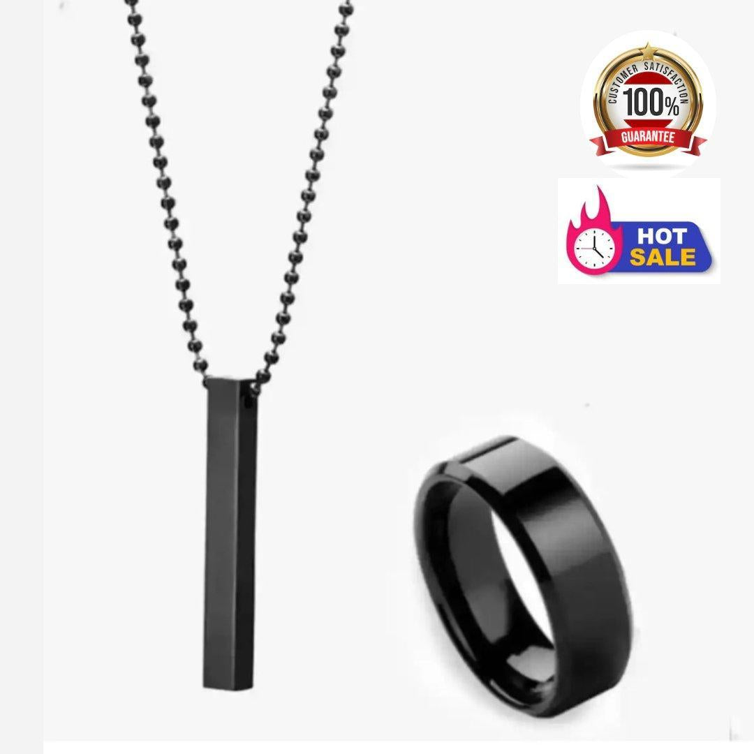 Men Titanium Vertical Bar Ring & Pendant Set Black