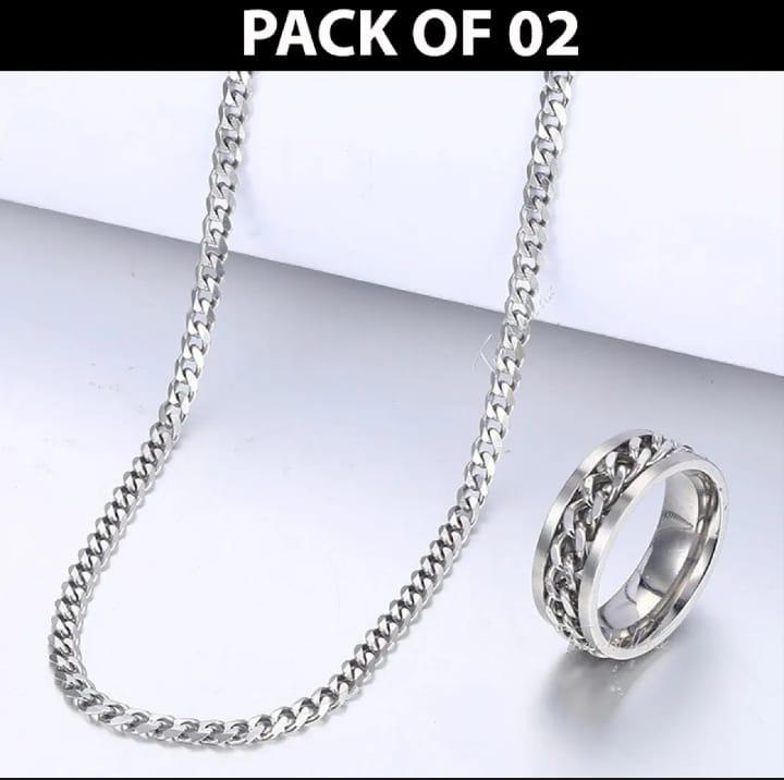 Stainless Steel Silver Chain & Ring Pack of 2