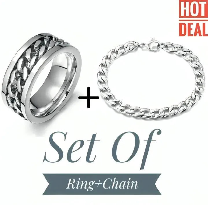 Stainless Steel Ring + Bracelet Set for Men Silver
