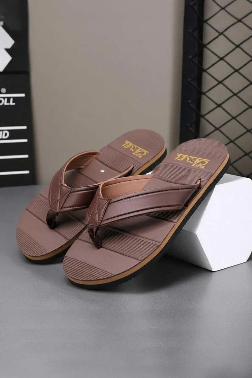 Men Brown Synthetic Leather Casual Flip Flops