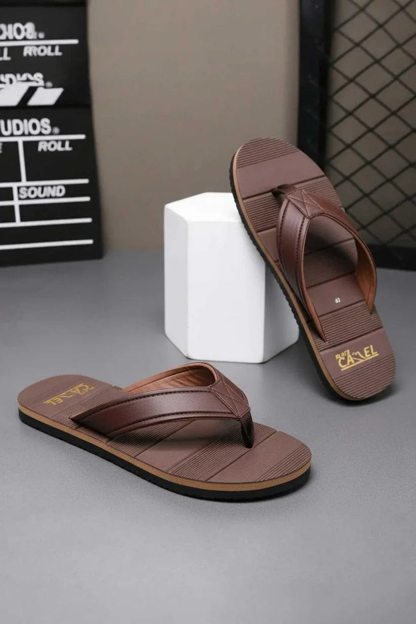 Men Brown Synthetic Leather Casual Flip Flops