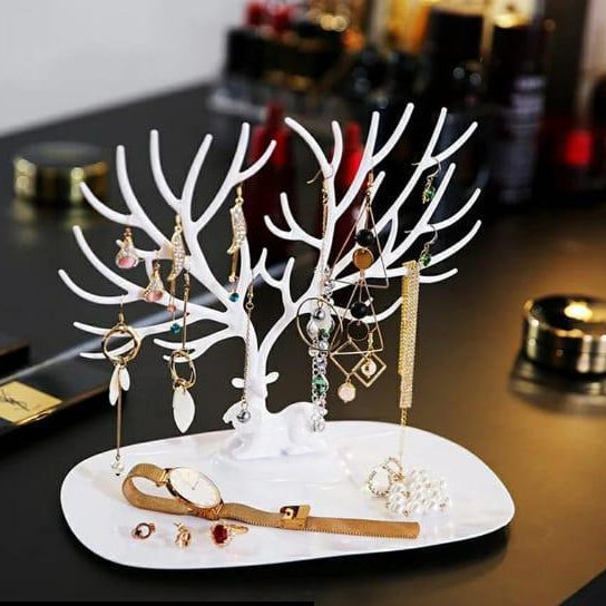 White Deer Tree Jewelry Stand for Earrings Necklaces Rings Display