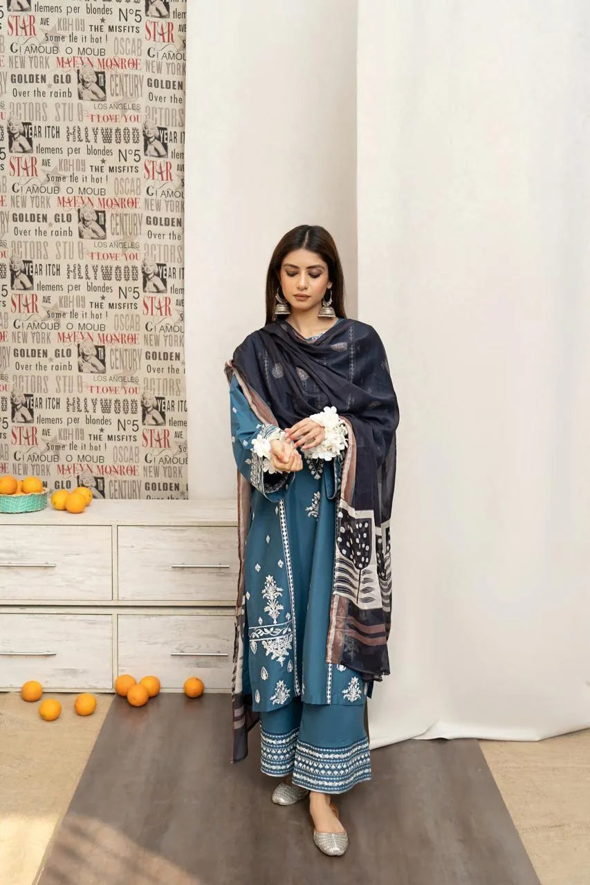 Turquoise Embroidered 3-Piece Lawn Suit for Women