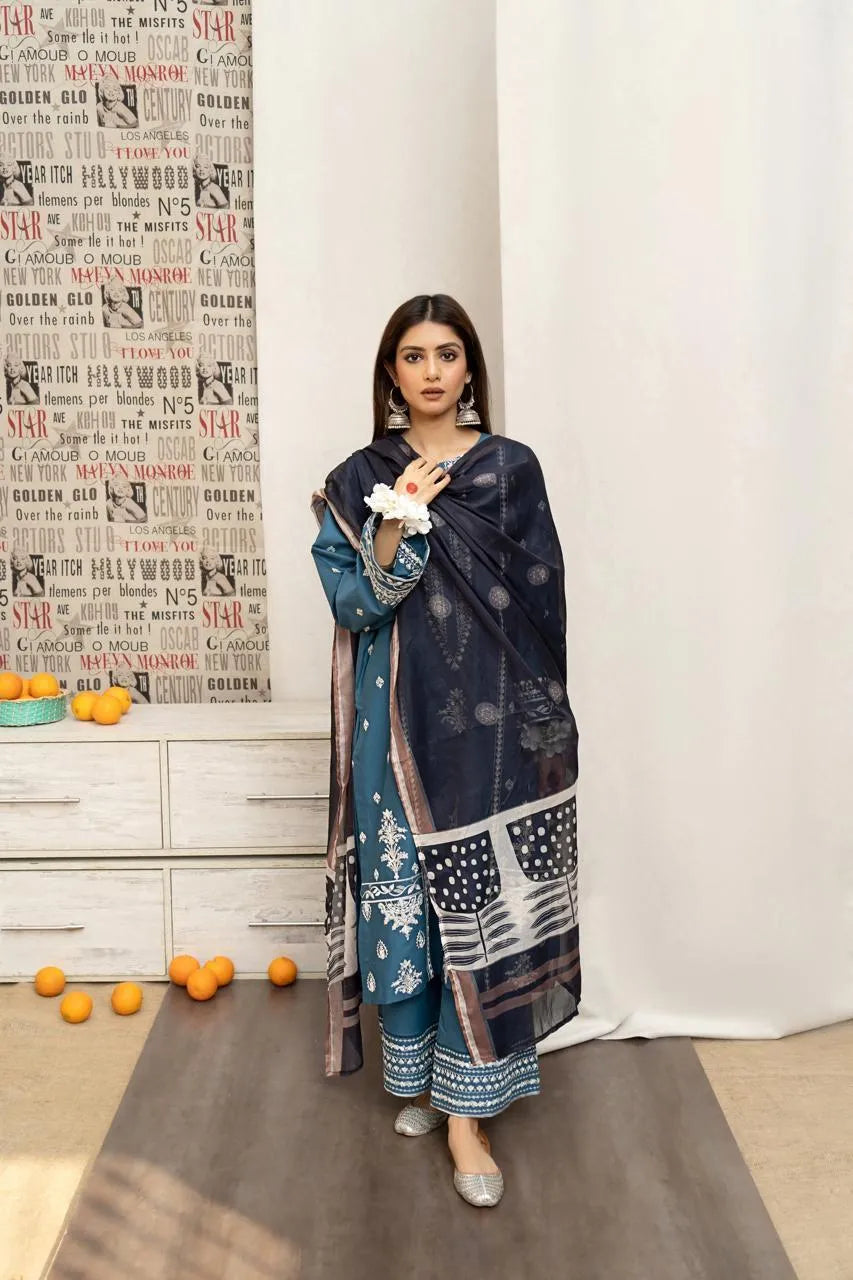 Turquoise Embroidered 3-Piece Lawn Suit for Women