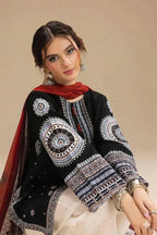 Black Embroidered 3 Pcs Women's Lawn Suit with Red Dupatta