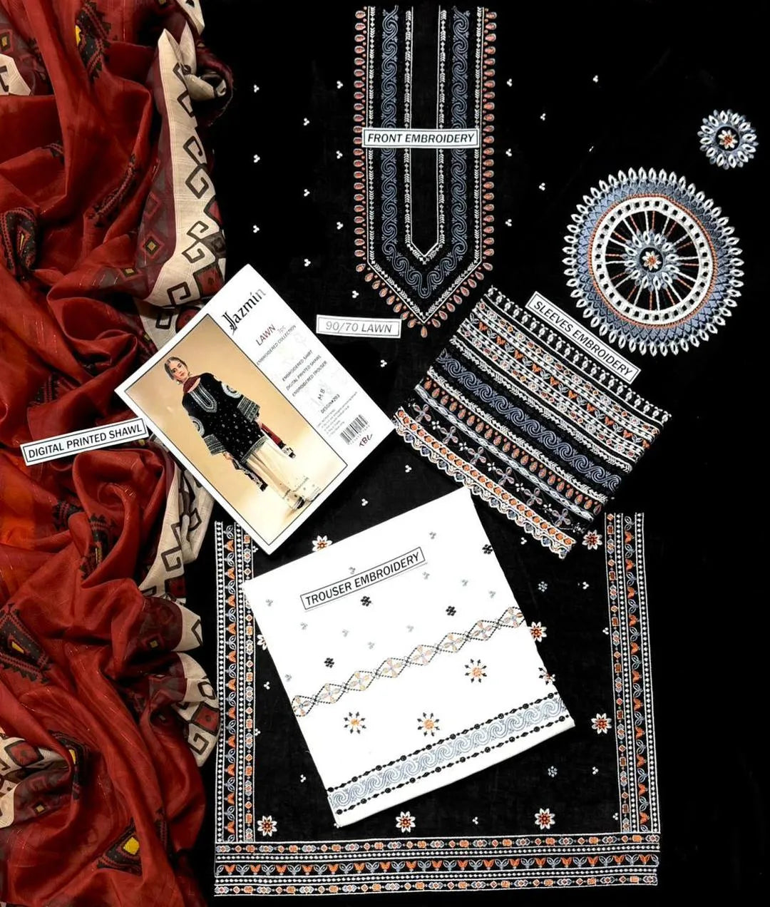 Black Embroidered 3 Pcs Women's Lawn Suit with Red Dupatta