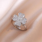 Adjustable Heart Clover Crystal Ring Silver