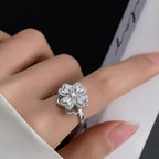 Adjustable Heart Clover Crystal Ring Silver