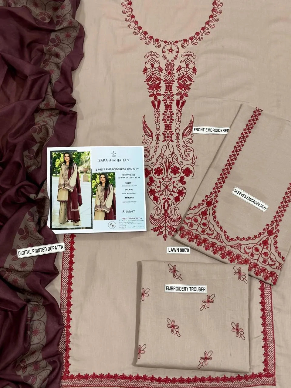 Ivory Embroidered Women's 3Pcs Lawn Suit Set