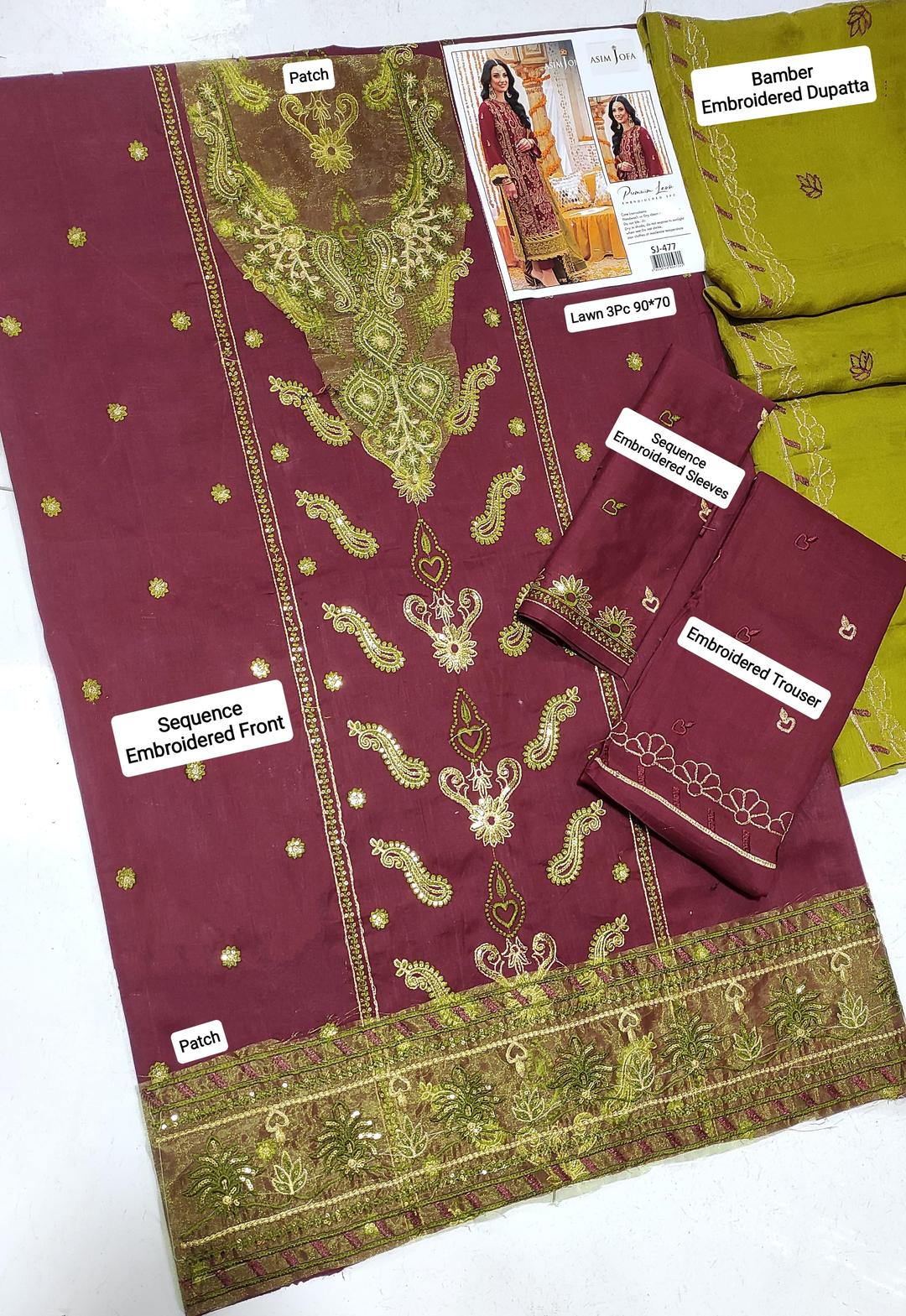 Maroon Embroidered 3 Pcs Women's Lawn Suit