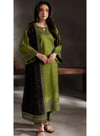Women Linen Embroidered 3Pc Suit Green Eid Festive