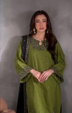 Women Linen Embroidered 3Pc Suit Green Eid Festive