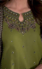 Women Linen Embroidered 3Pc Suit Green Eid Festive