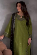 Women Linen Embroidered 3Pc Suit Green Eid Festive