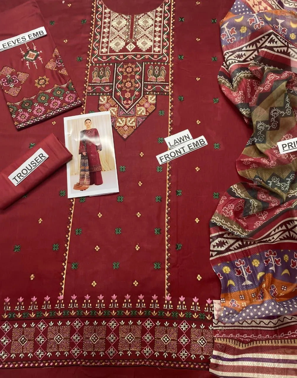 Maroon Embroidered 3 Pcs Women Suit Lawn