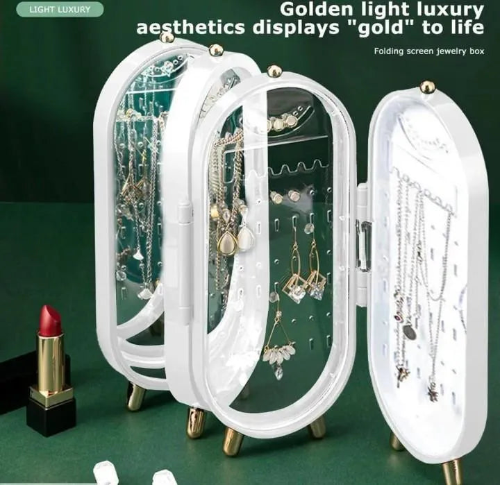 White Folding Jewelry Box with Mirror & Gold Base