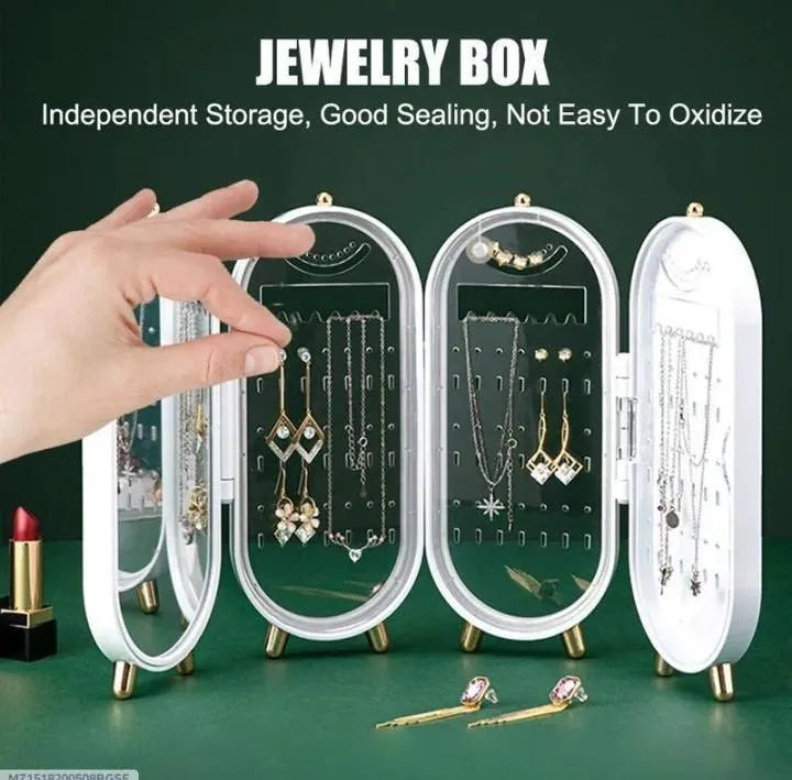 White Folding Jewelry Box with Mirror & Gold Base
