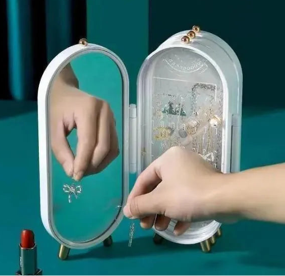 White Folding Jewelry Box with Mirror & Gold Base