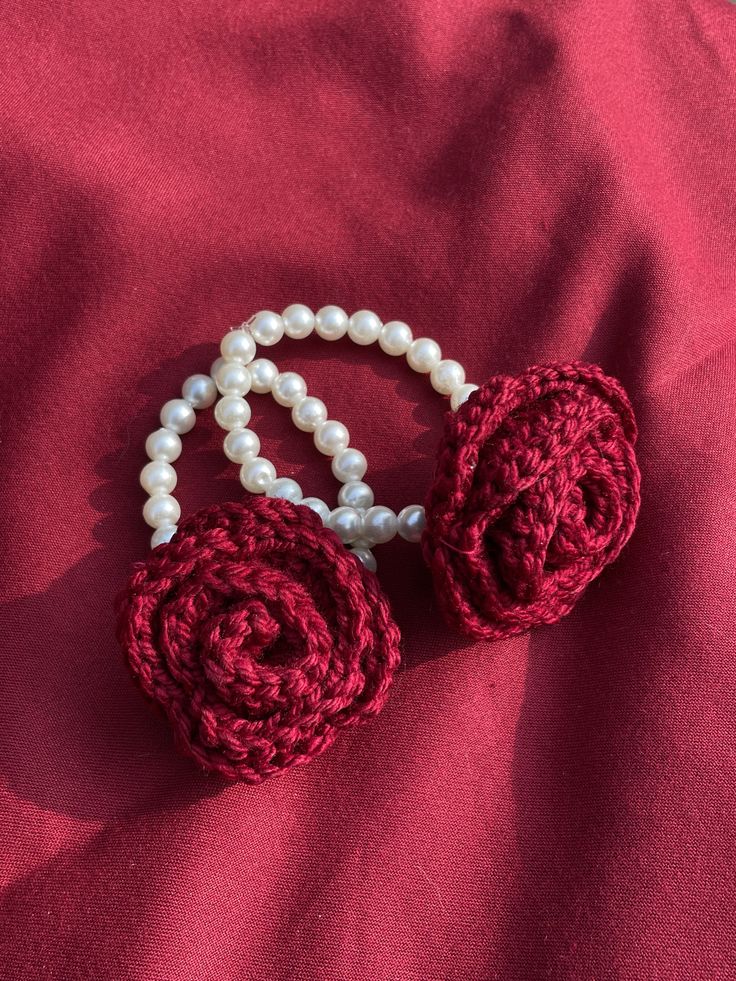 Red Crochet Flower Pearl Hair Clip Set for Women